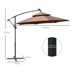 Outsunny 3(m) Cantilever Banana Parasol Hanging Umbrella with Double Roof, LED Solar lights, Crank, 8 Sturdy Ribs and Cross Base for Outdoor, Garden, Patio, Coffee - 3