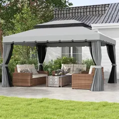 Outsunny 3 x 4m Aluminium Garden Gazebo, Marquee Canopy Shelter Pavilion Party Tent with Nets and Curtains for Garden and Deck, Light Grey - 2
