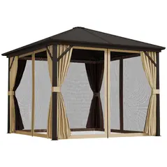 Outsunny 3 x 3(m) Metal Hardtop Gazebo, with Curtains and Accessories - Brown - 1