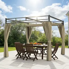Outsunny 3 x 3 m Pergola with Retractable Roof Canopy and Curtains, UPF30+ Metal Frame Garden Pergola Gazebo Sun Shade, Khaki - 9