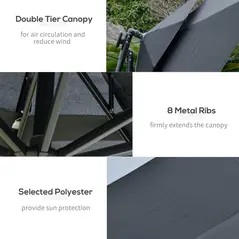 Outsunny 3(m) Cantilever Banana Parasol Hanging Umbrella with LED Solar lights, Crank, 8 Sturdy Ribs and Cross Base for Outdoor, Garden, Patio, Black - 7