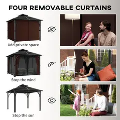 Outsunny 3 x 3(m) Hardtop Gazebo Canopy with 7mm Double Polycarbonate Roof, Garden Gazebo Permanent Pavilion with Mosquito Netting and Curtains for Patio, Deck, Brown - 8