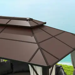 Outsunny 3 x 4m Hardtop Gazebo Canopy with UPF30+ Double Polycarbonate Roof, Aluminium Frame Garden Gazebo Permanent Pavilion with Mosquito Netting and Curtains for Patio, Deck, Beige - 8