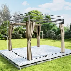 Outsunny 3 x 3 m Pergola with Retractable Roof Canopy and Curtains, UPF30+ Metal Frame Garden Pergola Gazebo Sun Shade, Khaki - 3