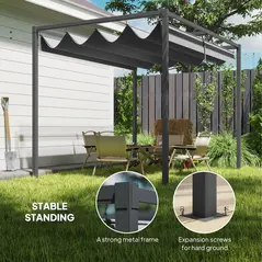 Outsunny 3 x 2m Metal Outdoor Pergola with Retractable Roof, Outdoor Gazebo Canopy Shelter with Drainage Holes for Garden, Patio, Lawn, Grey - 5