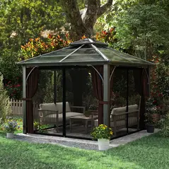Outsunny 3 x 3(m) Hardtop Gazebo Canopy with 7mm Double Polycarbonate Roof, Garden Gazebo Permanent Pavilion with Mosquito Netting and Curtains for Patio, Deck, Brown - 9