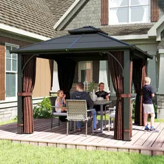 Outsunny 3 x 3(m) Hardtop Gazebo Canopy with 7mm Double Polycarbonate Roof, Garden Gazebo Permanent Pavilion with Mosquito Netting and Curtains for Patio, Deck, Brown - 2