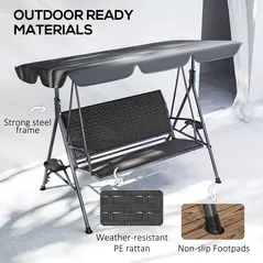 Outsunny 3 Seater Swing Chair, Garden Swing Seat Bench with Adjustable Canopy, Rattan Seat and Steel Frame for Patio, Yard, Grey - 6