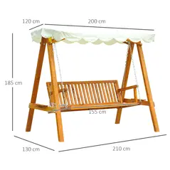 Outsunny 3 Seater Garden Swing Seat with Canopy, Wooden Swing Chair, Outdoor Hammock Bench for Balcony Patio Porch, Cream White - 3