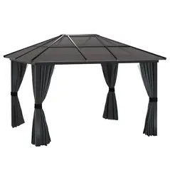 Outsunny 3 x 3.6m Hardtop Gazebo Canopy with Polycarbonate Roof, Aluminium Frame, Permanent Pavilion Garden Gazebo with Netting and Curtains for Patio, Deck, Dark Grey - 1