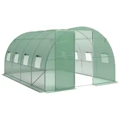 Outsunny 3 x 4 m Walk-in Polytunnel Greenhouse with Hinged Door and 8 Roll Up Mesh Windows, Garden Tunnel Warm House Tent, Green - 1