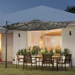 Outsunny 3(m) Cantilever Roma Parasol Patio Sun Umbrella with Crank & Tilt LED Solar Light Cross Base 360° Rotating Outdoor, Dark Grey - 2