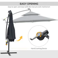 Outsunny 3(m) Cantilever Banana Parasol Hanging Umbrella with LED Solar lights, Crank, 8 Sturdy Ribs and Cross Base for Outdoor, Garden, Patio, Black - 5