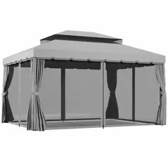 Outsunny 3 x 4m Aluminium Garden Gazebo, Marquee Canopy Shelter Pavilion Party Tent with Nets and Curtains for Garden and Deck, Light Grey - 1