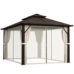 Outsunny 3 x 4m Hardtop Gazebo Canopy with UPF30+ Double Polycarbonate Roof, Aluminium Frame Garden Gazebo Permanent Pavilion with Mosquito Netting and Curtains for Patio, Deck, Beige - 1