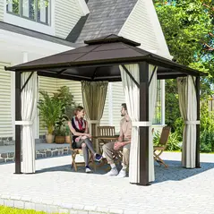 Outsunny 3 x 3(m) Hardtop Gazebo Canopy with UPF30+ Double Polycarbonate Roof, Aluminium Frame Garden Gazebo Permanent Pavilion with Mosquito Netting and Curtains for Patio, Deck, Beige - 2