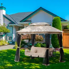 Outsunny 3 Seater Swing Chair 3-in-1 Convertible Garden Swing Seat Bed Gazebo Patio Bench Outdoor with Double Tier Canopy, Cushioned Seat, Mesh Sidewalls, Beige - 2