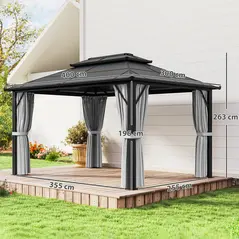 Outsunny 3 x 4m Hardtop Gazebo Canopy with UPF30+ Double Polycarbonate Roof, Aluminium Frame Garden Gazebo Permanent Pavilion with Mosquito Netting and Curtains for Patio, Deck, Grey - 3