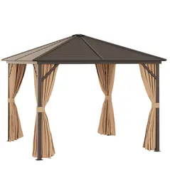 Outsunny 3 x 3(m) Metal Hardtop Gazebo, with Curtains and Accessories - Brown - 1