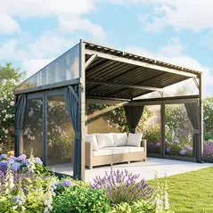 Outsunny 4.3 x 3 m Garden Pergola with Galvanised Steel Roof, Lean to Pergola Gazebo with Netting Curtains, Dark Grey - 9