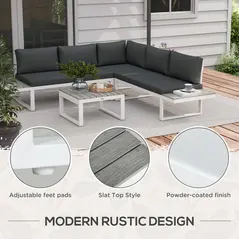 Outsunny 4 Pieces Garden Furniture Set, 5-Level Reclining Garden Corner Sofa Set, Outdoor Lounge Conversation Sectional with Cushions, Wood Effect Plastic Table, White Frame & Grey Cushion - 7