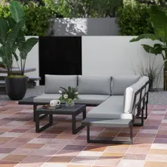 Outsunny 4 Pieces Garden Furniture Set, 5-Level Reclining Garden Corner Sofa Set, Outdoor Lounge Conversation Sectional with Cushions, Wood Effect Plastic Table, Black Frame & Light Grey Cushion - 9