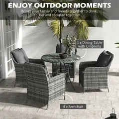 Outsunny 4 Seater Rattan Dining Set with Parasol & Cushions - Mixed Grey - 4