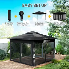 Outsunny 3.36 x 3.36m Pop Up Gazebo Party Tent with Solar-Powered LED Lights, Adjustable Event Shelter with Netting, Black - 6
