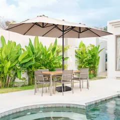 Outsunny 4.6m Garden Parasol Double-Sided Sun Umbrella Patio Market Shelter Canopy Shade with Weight Base, Tan - 2