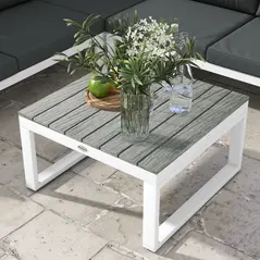 Outsunny 4 Pieces Garden Furniture Set, 5-Level Reclining Garden Corner Sofa Set, Outdoor Lounge Conversation Sectional with Cushions, Wood Effect Plastic Table, White Frame & Grey Cushion - 8