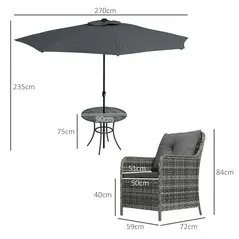 Outsunny 4 Seater Rattan Dining Set with Parasol & Cushions - Mixed Grey - 3