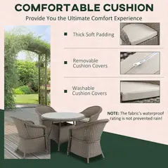 Outsunny 4 Seater Rattan Garden Furniture Set with Cushions, Round PE Rattan Dining Set with Glass-Top Table, Umbrella Hole, Outdoor Garden Table and Chairs, Mixed Grey - 7