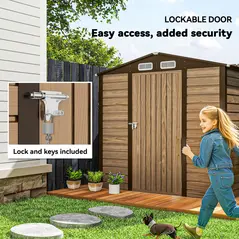 Outsunny 4 x 6ft Galvanised Steel Garden Shed, with Lock and Gloves - Oak - 6