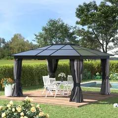 Outsunny 3.6 x 4m Hardtop Gazebo Canopy with Polycarbonate Roof, Aluminium Frame, Permanent Pavilion Garden Gazebo with Netting and Curtains for Patio, Deck, Dark Grey - 2