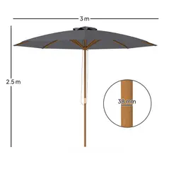 Outsunny 3m Wood Pole Parasol Umbrella - Grey - 3