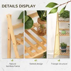 Outsunny 3-Tier Plant Stand, Plant Shelf Rack, Folding Bamboo Display Stand, 98x37x96.5cm, Natural - 6