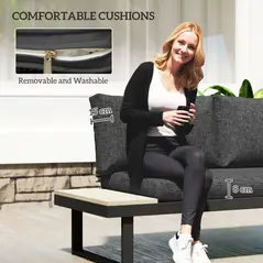 Outsunny 4 Seater L Shaped Aluminium Sectional Garden Furniture Set with 2 Loveseats and Wood-Plastic Coffee Table - Dark Grey - 7