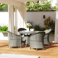 Outsunny 4 Seater Rattan Garden Furniture Set with Cushions, Round PE Rattan Dining Set with Glass-Top Table, Umbrella Hole, Outdoor Garden Table and Chairs, Grey - 2