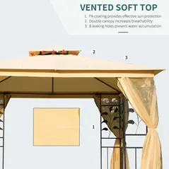 Outsunny 3(m) x 3(m) Garden Gazebo, Double Roof Outdoor Gazebo Canopy Shelter with Netting, Solid Steel Frame, for Garden, Lawn and Deck, Beige - 5