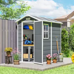 Outsunny 4 x 6ft Garden Shed, Plastic Shed with Floor, Window, Lockable Door and Vents, Resin Tool Shed for Outdoor Patio Storage, Zero Maintenance, Grey - 2