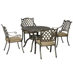 Outsunny 4 Seater Outdoor Dining Set Antique Cast Aluminium Garden Furniture Set with Cushions Round Dining Table with Parasol Hole, Bronze - 1