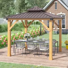 Outsunny 3x(3)M Outdoor Hardtop Gazebo Canopy with 2-Tier Roof and Solid Wood Frame, Outdoor Patio Shelter for Patio, Garden, Brown - 2