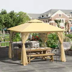 Outsunny 3(m) x 3(m) Garden Gazebo, Double Roof Outdoor Gazebo Canopy Shelter with Netting, Solid Steel Frame, for Garden, Lawn and Deck, Beige - 2