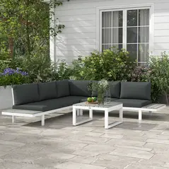 Outsunny 4 Pieces Garden Furniture Set, 5-Level Reclining Garden Corner Sofa Set, Outdoor Lounge Conversation Sectional with Cushions, Wood Effect Plastic Table, White Frame & Grey Cushion - 2