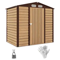 Outsunny 4 x 6ft Galvanised Steel Garden Shed, with Lock and Gloves - Oak - 1