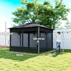 Outsunny 3.36 x 3.36m Pop Up Gazebo Party Tent with Solar-Powered LED Lights, Adjustable Event Shelter with Netting, Black - 3