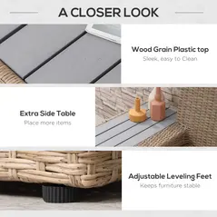 Outsunny 4 Pieces Rattan Garden Furniture Set, Garden Corner Sofa with Side Trays, Wicker Conservatory Furniture Set with Loveseats, Slatted Plastic Top Coffee Table and Cushions, Beige - 7