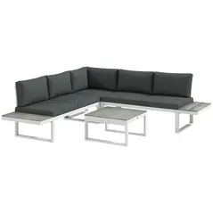 Outsunny 4 Pieces Garden Furniture Set, 5-Level Reclining Garden Corner Sofa Set, Outdoor Lounge Conversation Sectional with Cushions, Wood Effect Plastic Table, White Frame & Grey Cushion - 1