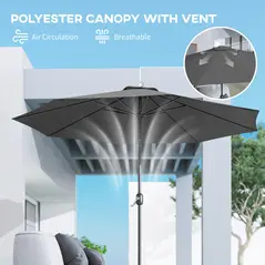 Outsunny 3(m) Tilting Parasol Garden Umbrellas, Outdoor Sun Shade with 8 Ribs, Tilt and Crank Handle for Balcony, Bench, Garden, Dark Grey - 8