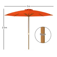 Outsunny 3m Wood Pole Parasol Umbrella - Orange - 3